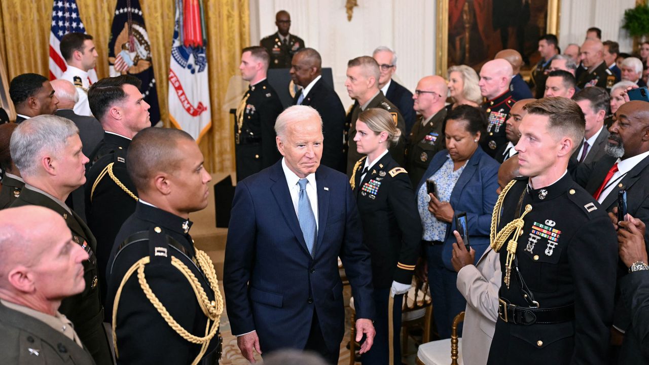 President Joe Biden attends a Medal of Honor Ceremony in the East Room of the White House in Washington, DC, on July 3.