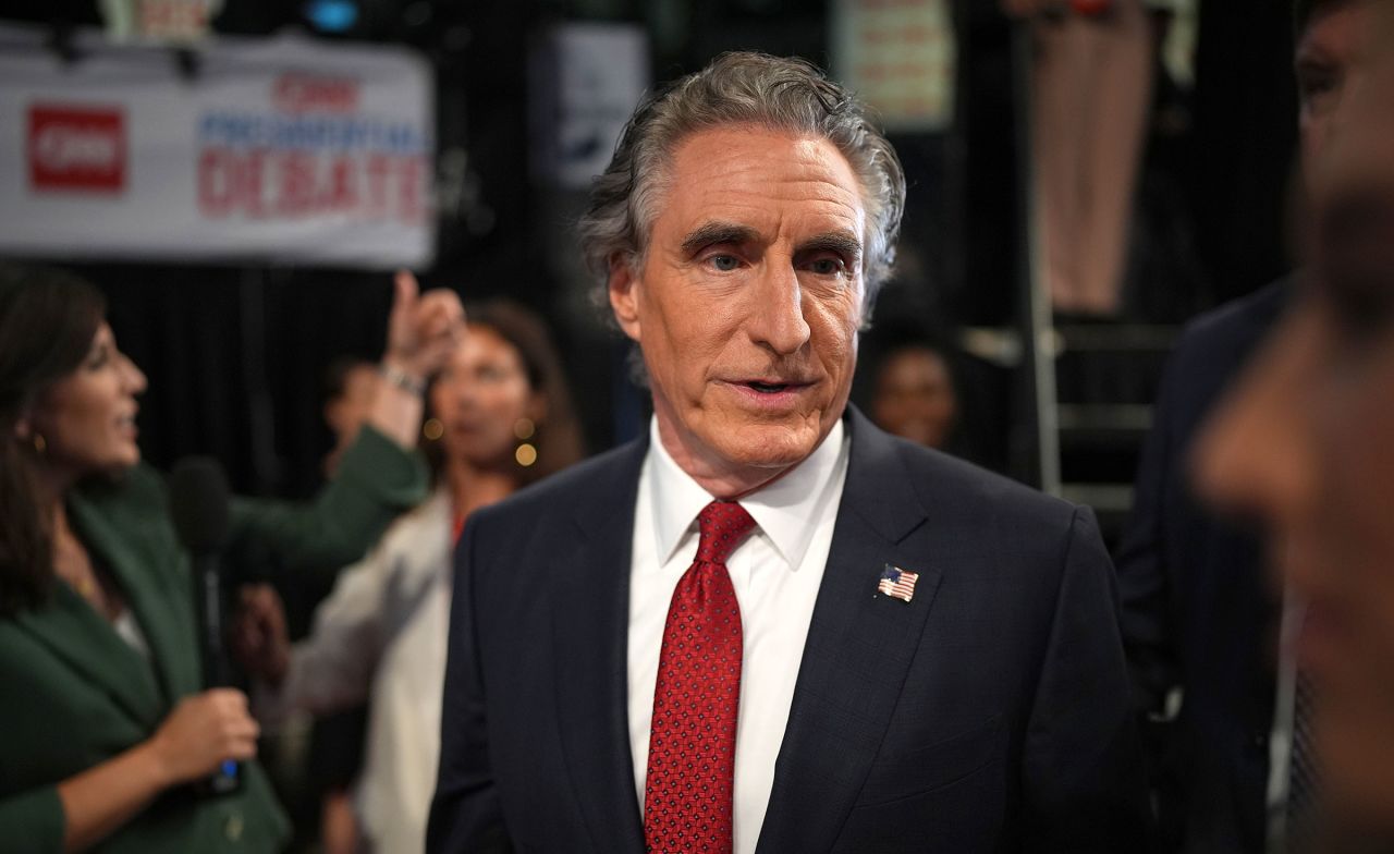 Gov. Doug Burgum speaks to reporters in the spin room following the CNN Presidential Debate between President Joe Biden and former President Donald Trump at the McCamish Pavilion on the Georgia Institute of Technology campus on June 27 in Atlanta.