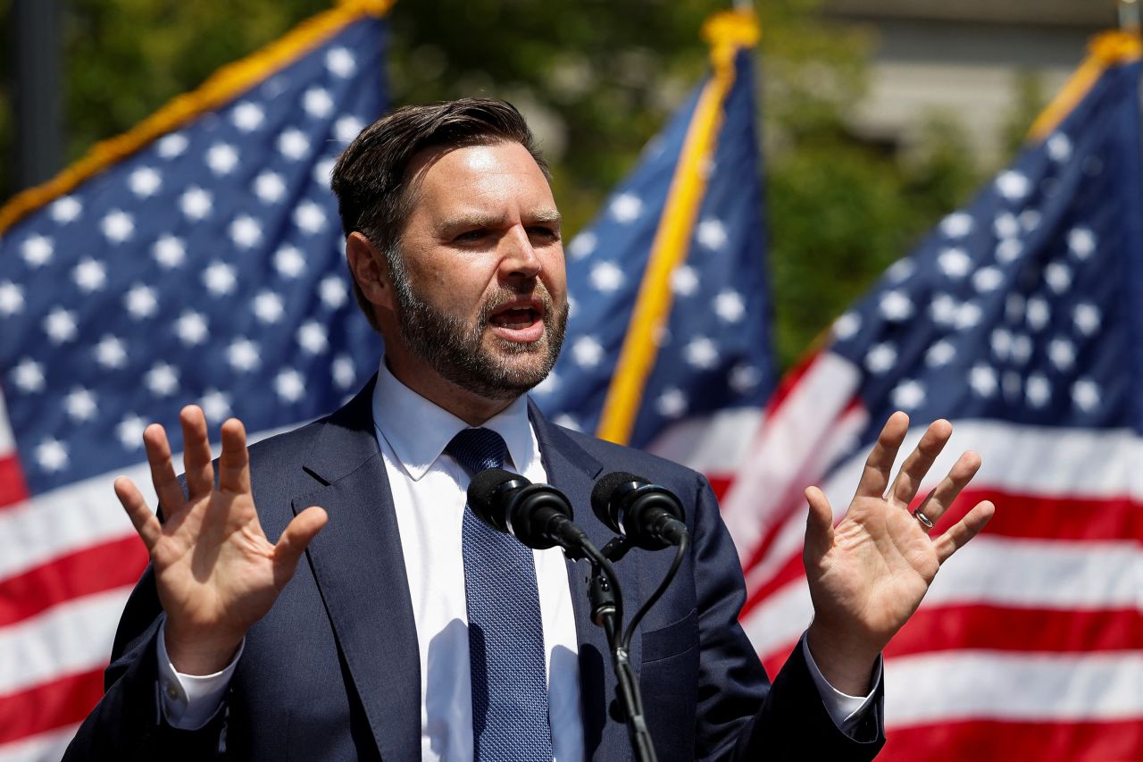 Republican vice presidential nominee Senator JD Vance speaks during an event at Kenosha City Courthouse in Kenosha, Wisconsin, on August 20.