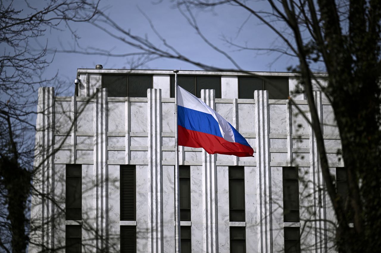 The Russian flag flies in front of the country's embassy in Washington, DC, on February 16.