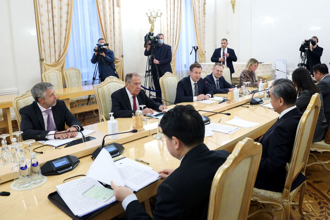 Russia's Foreign Minister Sergei Lavrov and China's Director of the Office of the Central Foreign Affairs Commission Wang Yi attend a meeting in Moscow, Russia, on Monday, September 18. 