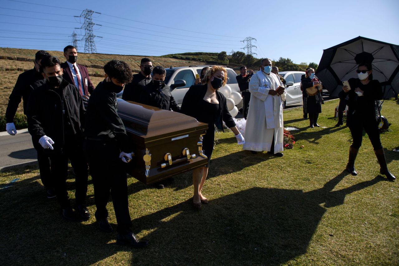 Pallbearers carry the casket of someone said to have died from Covid-19 during a burial service in Whittier, California, on December 31.