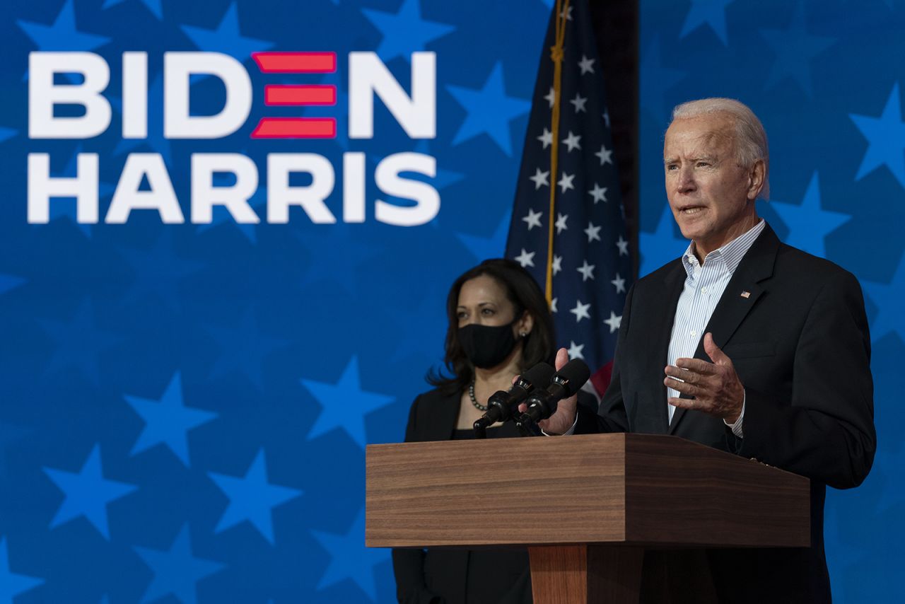 Democratic presidential candidate Joe Biden joined by Democratic vice presidential candidate Sen. Kamala Harris, D-Calif., speaks at the The Queen theater Thursday, Nov. 5, in Wilmington, Delaware.