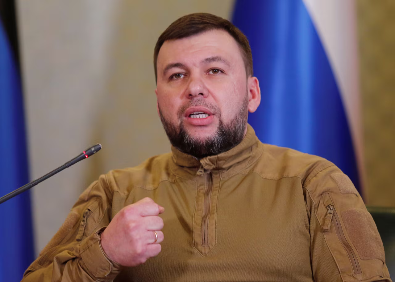 Head of the separatist self-proclaimed Donetsk People's Republic Denis Pushilin speaks during a news conference in Donetsk, Ukraine, on February 23.