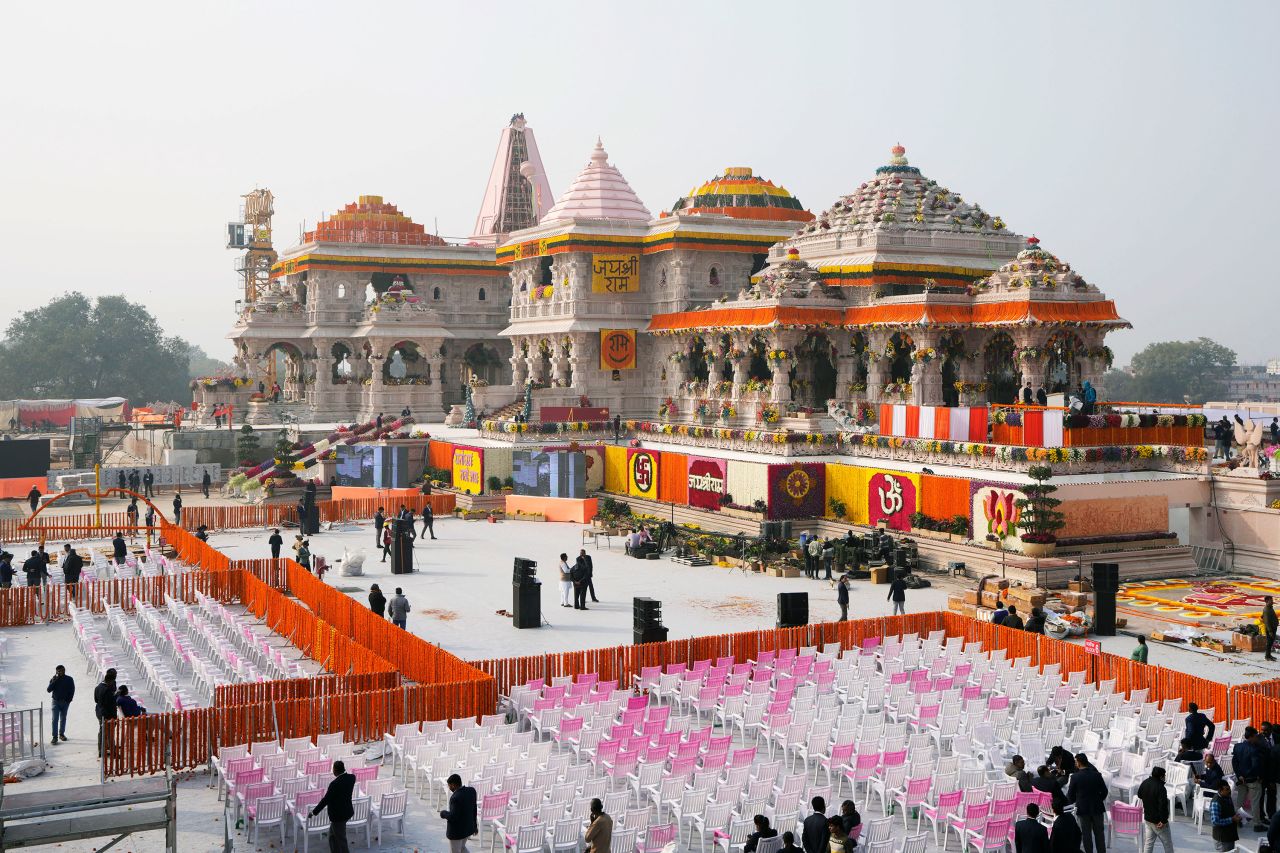 The compound and the building of a temple dedicated to Hindu deity Lord Ram are decorated with flowers the day before the temple's grand opening in Ayodhya, India, on Sunday.