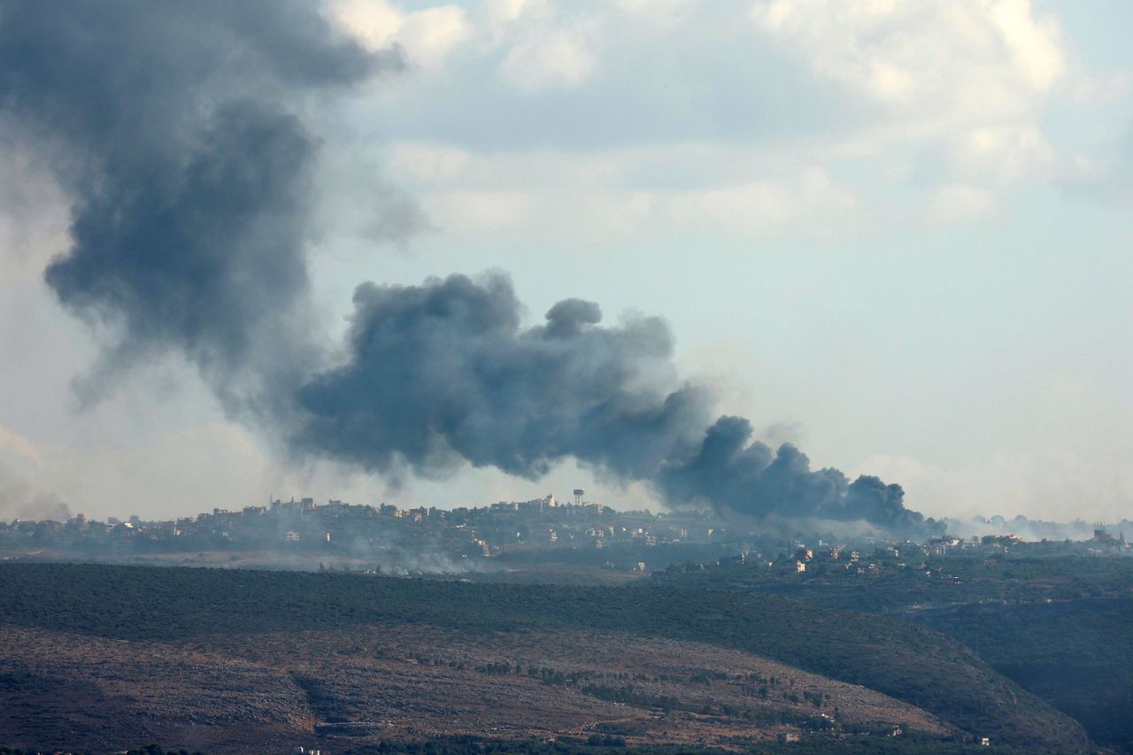 Smoke billows over southern?Lebanon?following Israeli strikes on September 23.