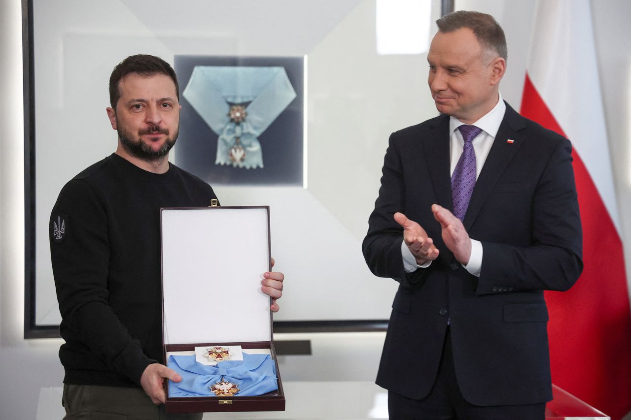 Poland's President Andrzej Duda, right, honors Ukrainian President?Volodymyr?Zelensky?at the Presidential Palace in Warsaw, Poland, on April 5.