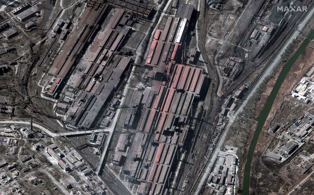 A satellite image from March 22 shows an overview of the Azovstal steel plant, in Mariupol, Ukraine. 