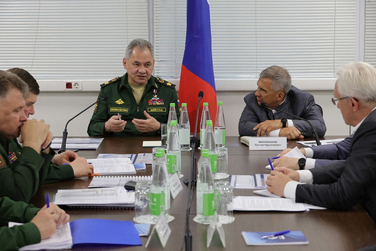 Russian Defence Minister Sergei?Shoigu, center, attends a meeting as part of the inspection of defence industry enterprises, in the Republic of Tatarstan, Russia, in an image released on July 11. 