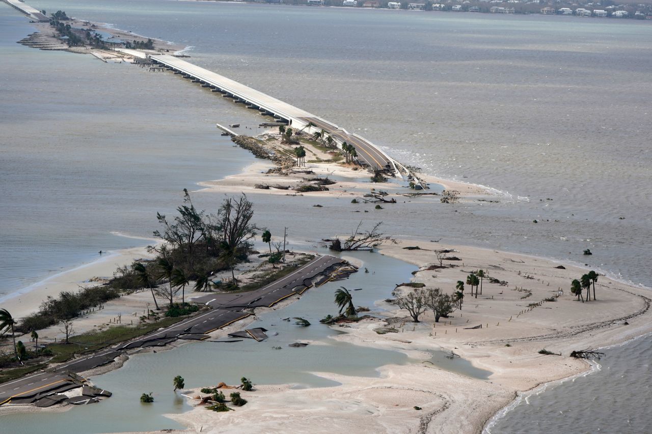 A damaged causeway to Sanibel Island is seen in the aftermath of Hurricane Ian on September 29.