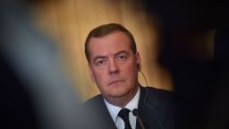 Dmitry Medvedev during a press conference while on a visit to France in June, 2019.