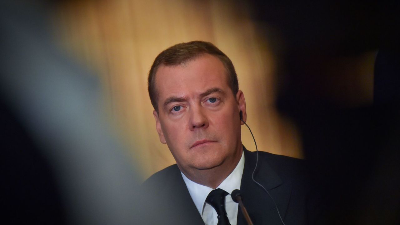 Dmitry Medvedev during a press conference while on a visit to France in June, 2019.
