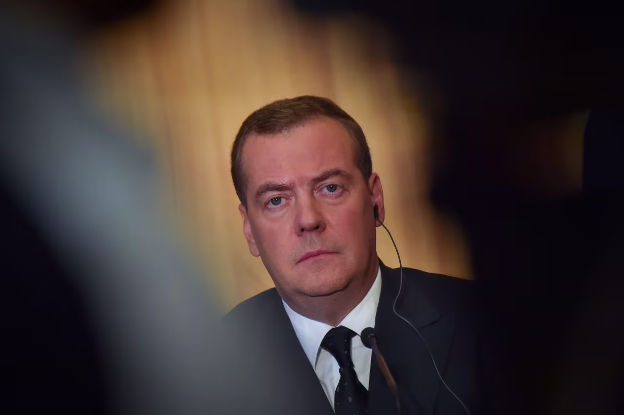 Dmitry Medvedev during a press conference while on a visit to France in June, 2019.