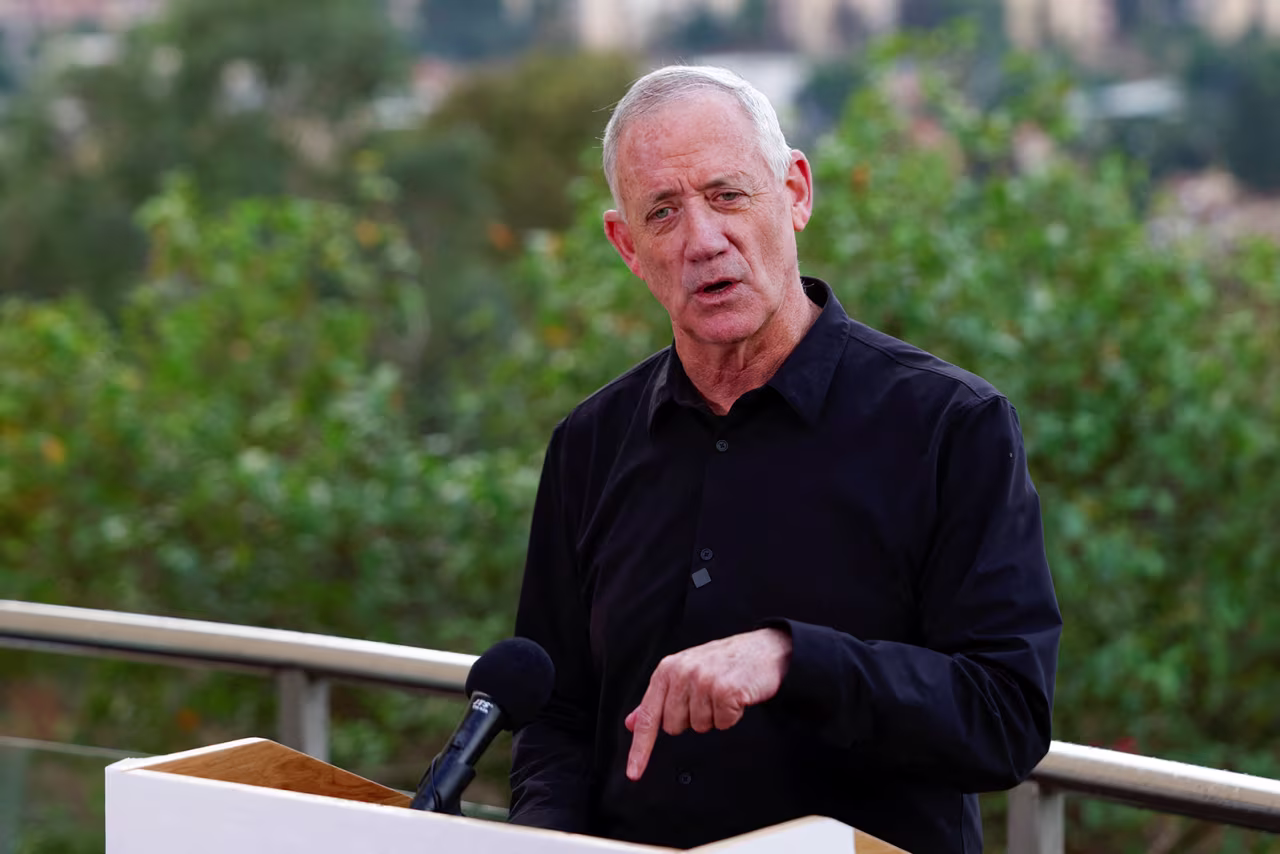 Israeli war cabinet minister Benny Gantz speaks in Kiryat Shmona, Israel, in November 2023. 