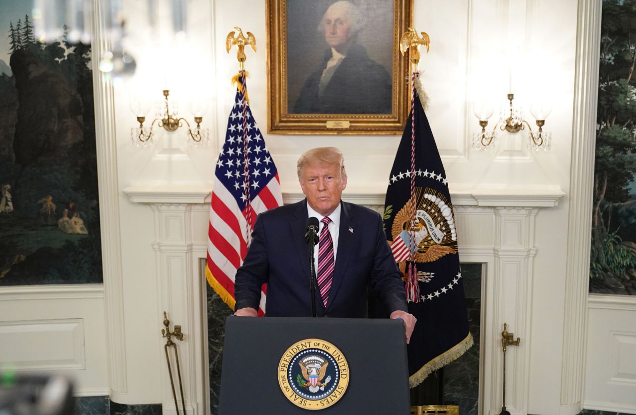 US President Donald Trump speaks in the Diplomatic Reception Room of the White House in Washington, DC, on September 9.