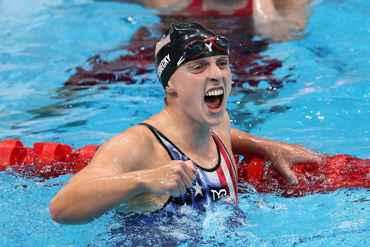 America's Katie Ledecky celebrates after winning the gold medal in the 1500m freestyle on July 28.