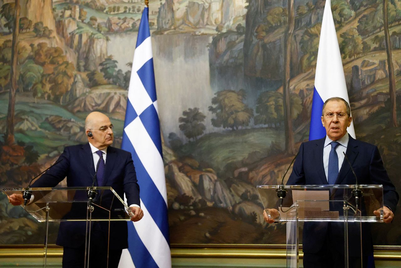 Greek Foreign Minister Nikos Dendias, left, and his Russian counterpart Sergey Lavrov?attend a news conference in Moscow, on February 18. 
