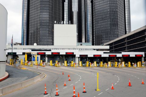 The Detroit Windsor Tunnel entrance to the customs area to enter Canada is pictured empty in Detroit on April 1.