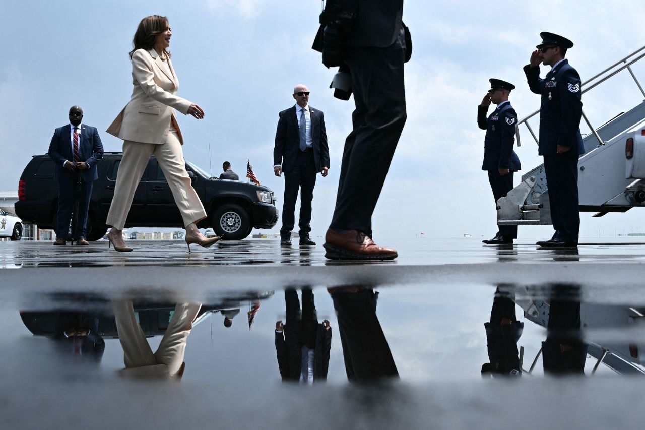 Vice President and Democratic Presidential candidate Kamala Harris walks to board Air Force Two at Indianapolis International Airport in Indianapolis, Indiana, on July 24.