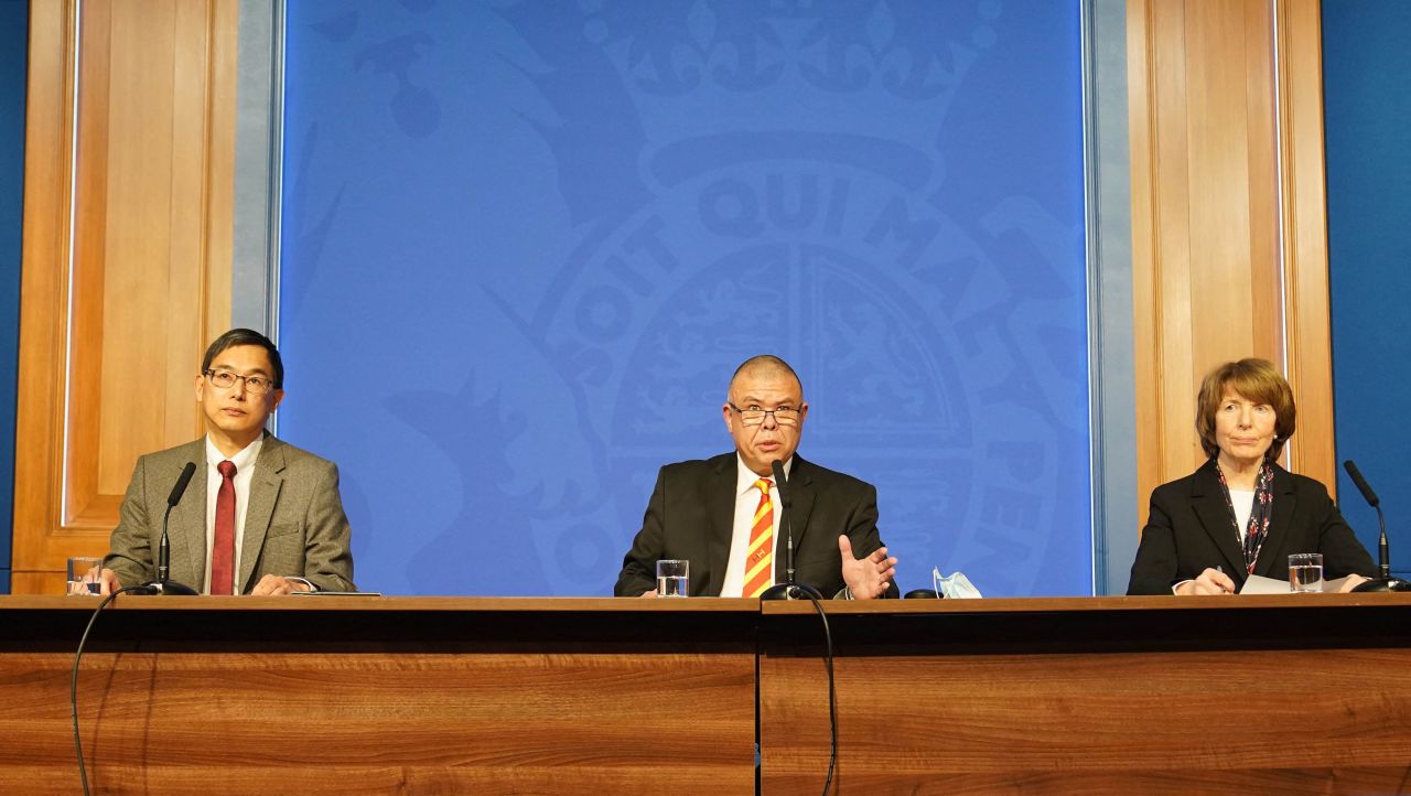 Britain's Deputy Chief Medical Officer for England Jonathan Van-Tam (C), Chief Executive of the Medicines and Healthcare Products Regulatory Agency (MHRA) June Raine (R) and Chair of the Joint Committee on Vaccination and Immunisation (JCVI) Professor Wei Shen Lim attend a media briefing on the latest Covid-19 update, at Downing Street, central London on November 29, 2021