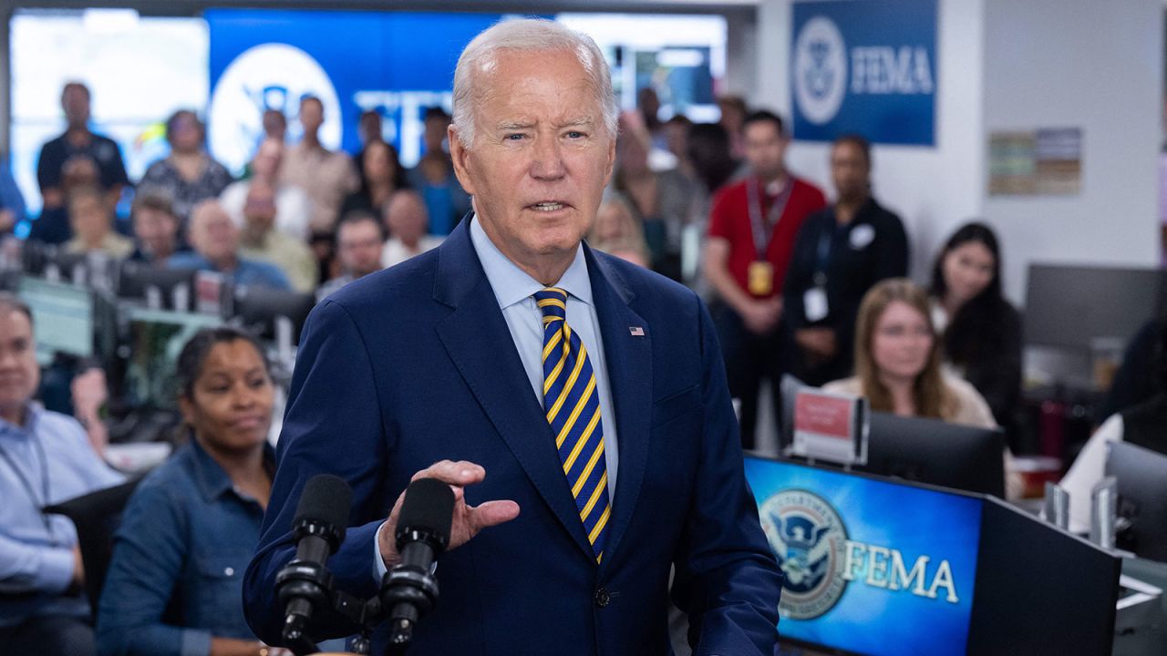 President Joe Biden speaks at the headquarters of the Federal Emergency Management Agency in Washington, DC, on Thursday.