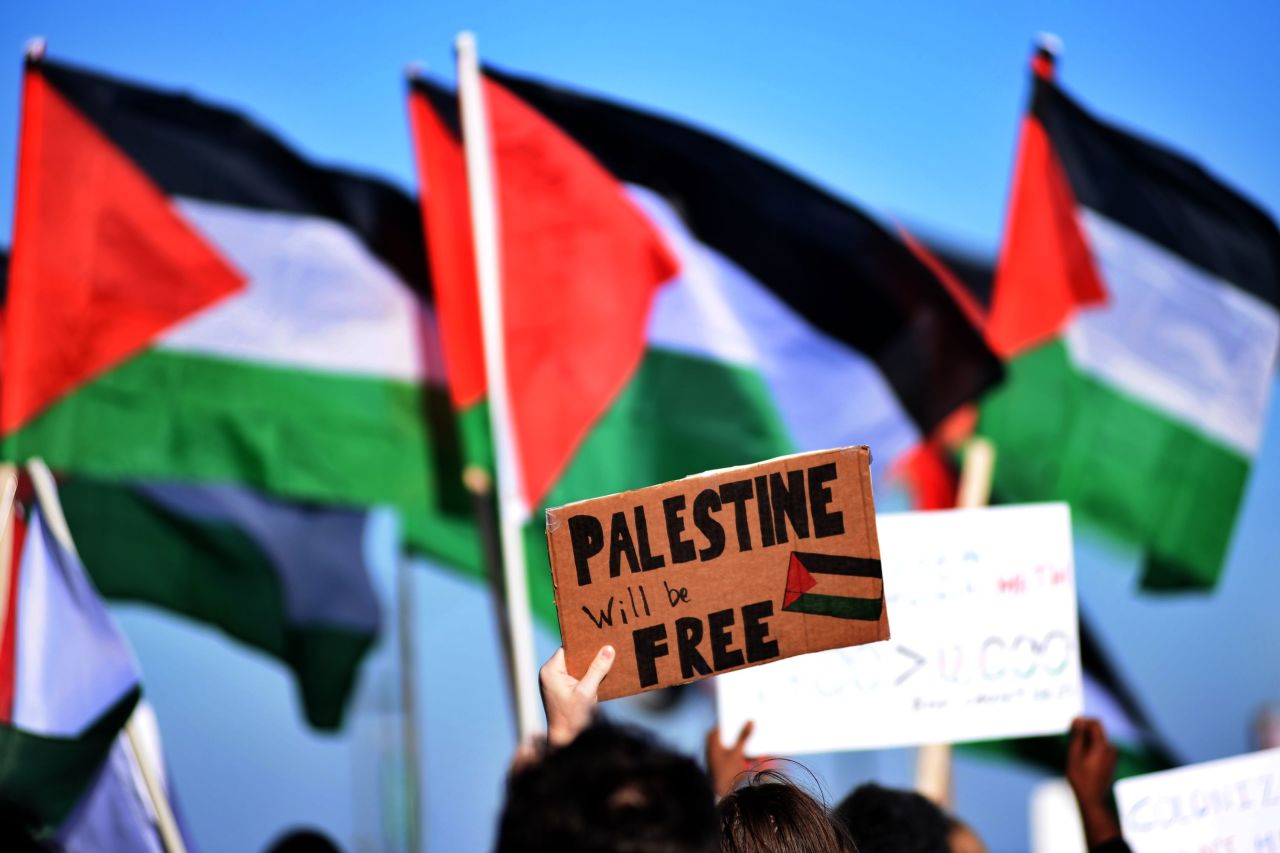 Pro-Palestinian demonstrators hold banners and Palestinian flags in Chicago on November 18.