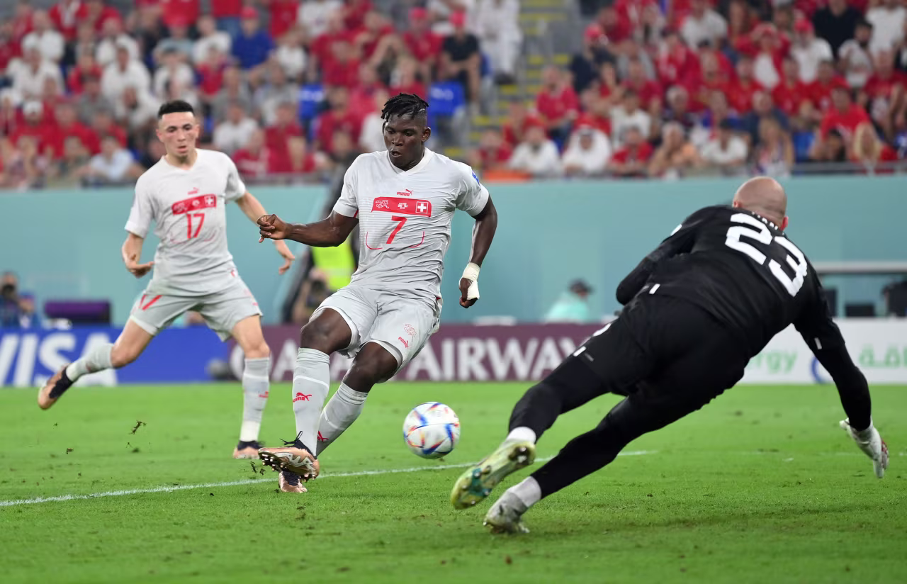 Switzerland's Breel Embolo scores his team's second goal.
