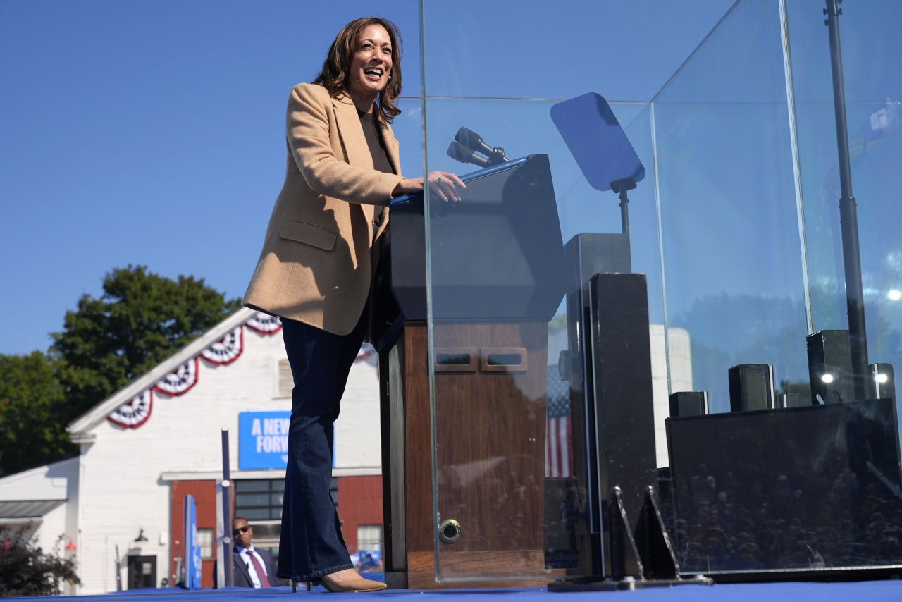 Vice President Kamala Harris speaks in North Hampton, New Hampshire, on September 4.