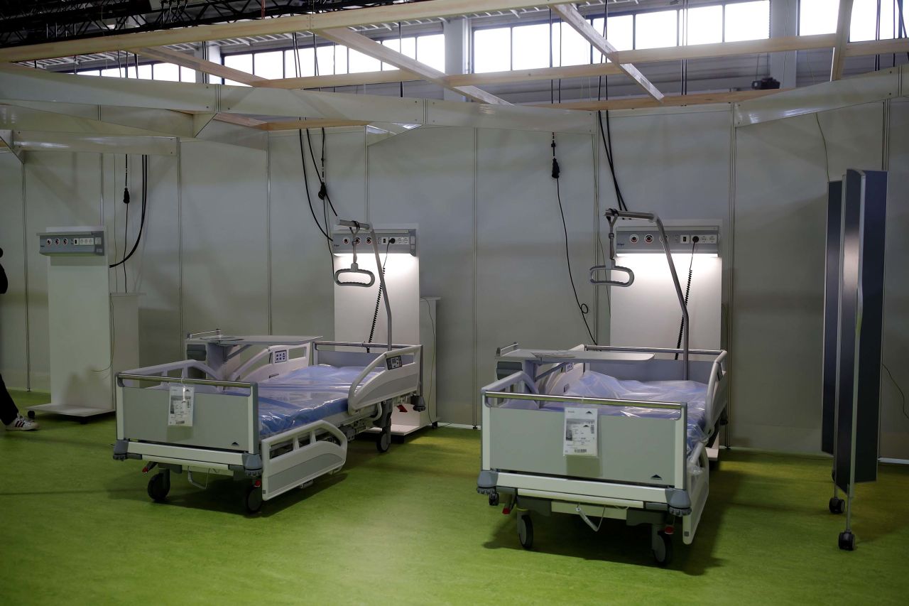A makeshift hospital to treat coronavirus patients is prepared at the fairgrounds in Berlin, Germany, on April 23.