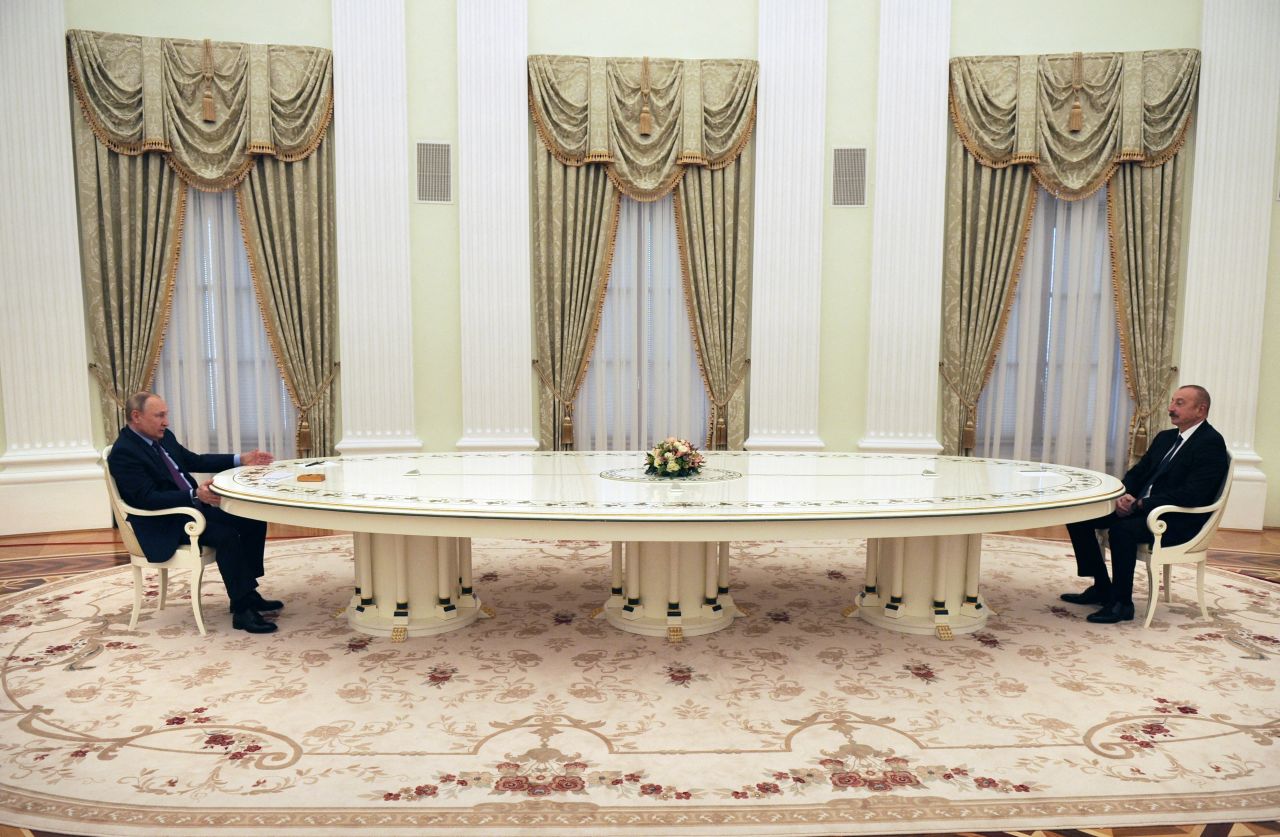 Russian President Vladimir Putin meets with his Azerbaijani counterpart Ilham Aliyev at the Kremlin in Moscow, Russia, on February 22.