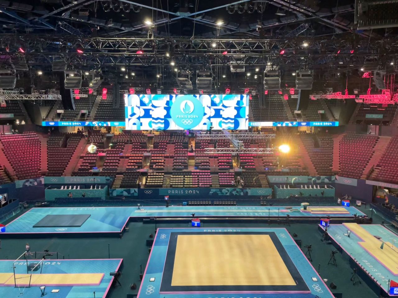 The Bercy Arena is ready for tonight's team gymnastics final on Tuesday.