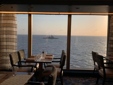 A view from the Westerdam as the cruise ship was escorted by a Thai navy vessel last week on course for Cambodia.