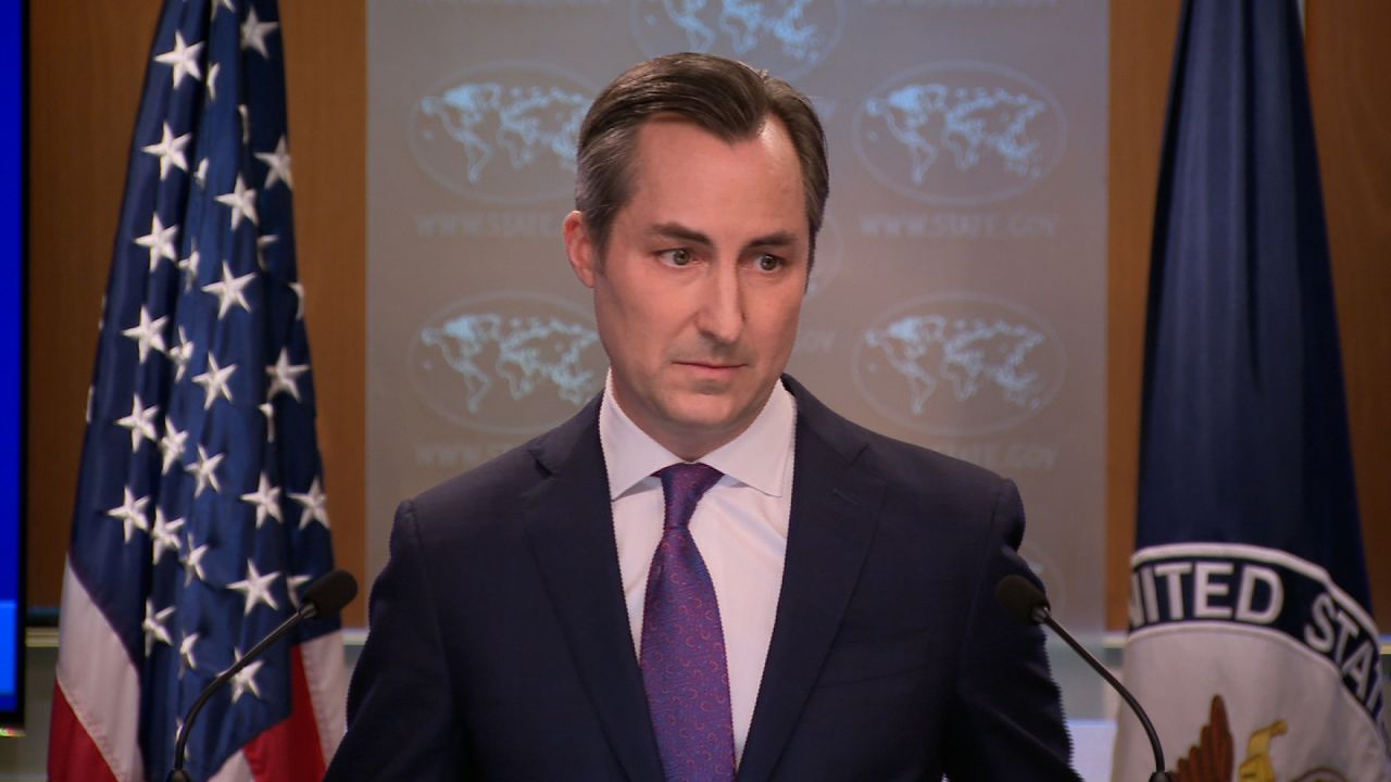 US State Department spokesperson Matthew Miller delivers remarks during a press briefing on Monday.