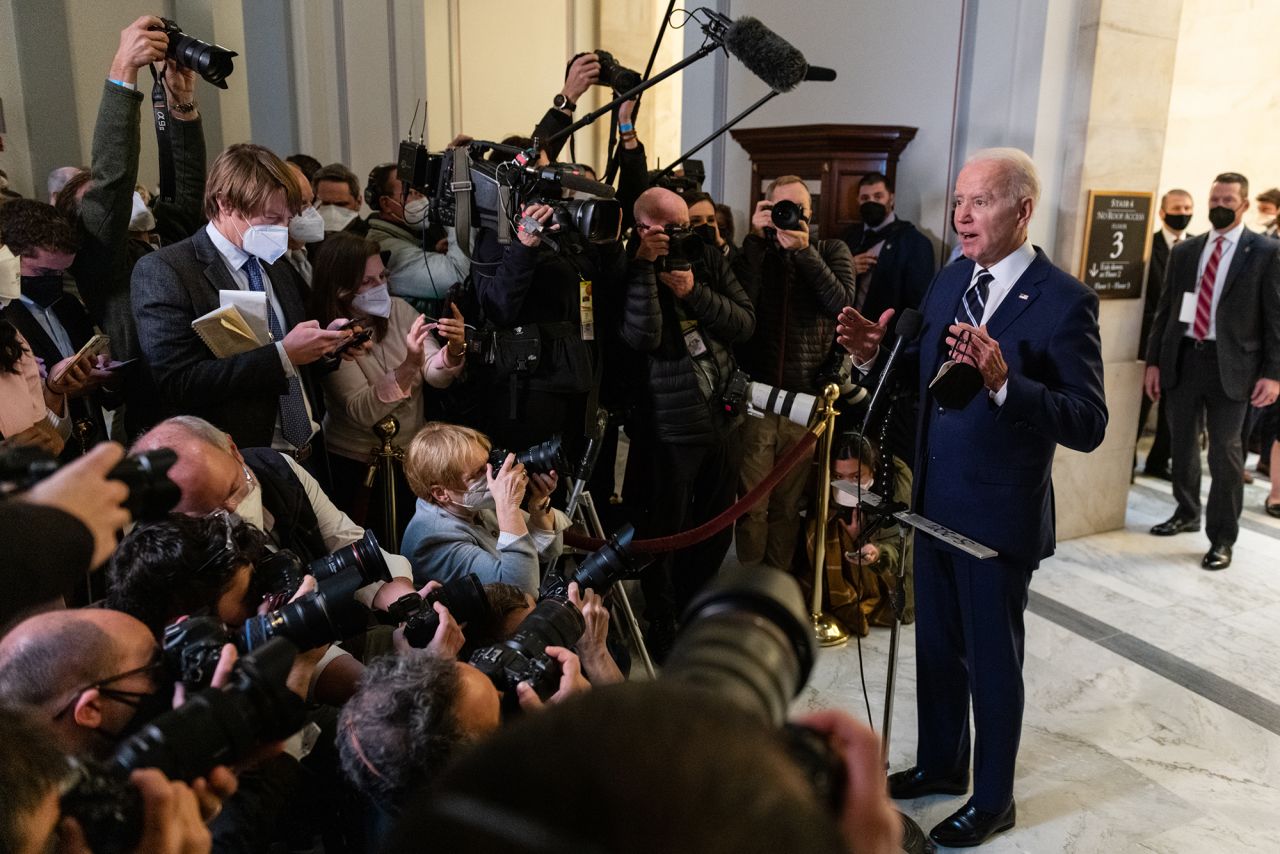 President Joe Biden speaks after exiting a meeting with the Senate Democratic Caucus in Washington, DC, on January 13. 