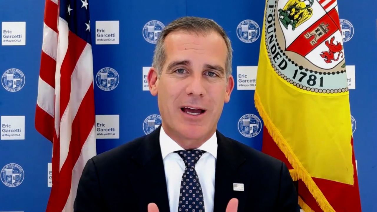 Los Angeles Mayor Eric Garcetti speaks during an interview on March 15.