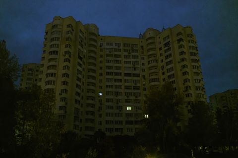 A residential building is seen during a blackout in Kyiv, Ukraine, on October 27.