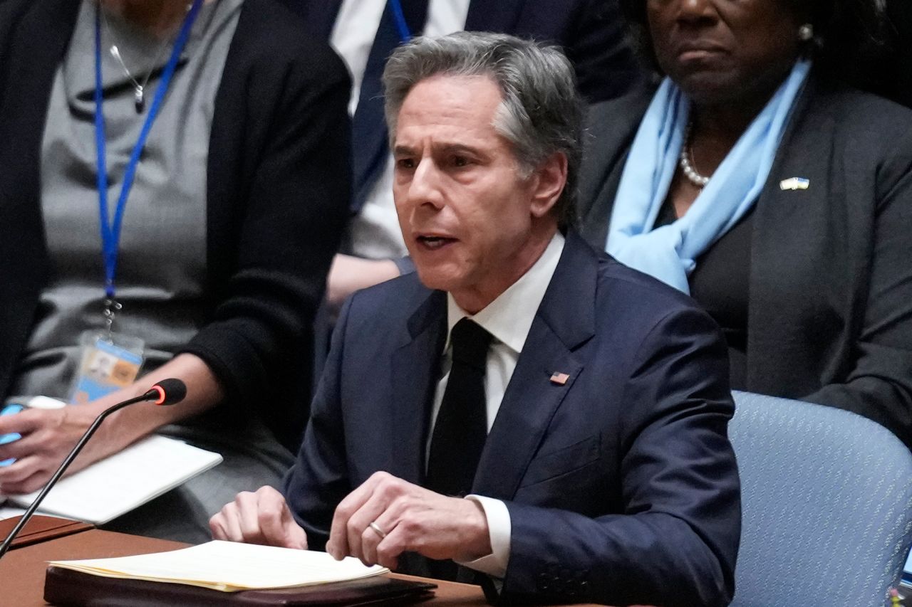 United States Secretary of State Antony Blinken speaks during a Security Council meeting at United Nations headquarters on Friday.