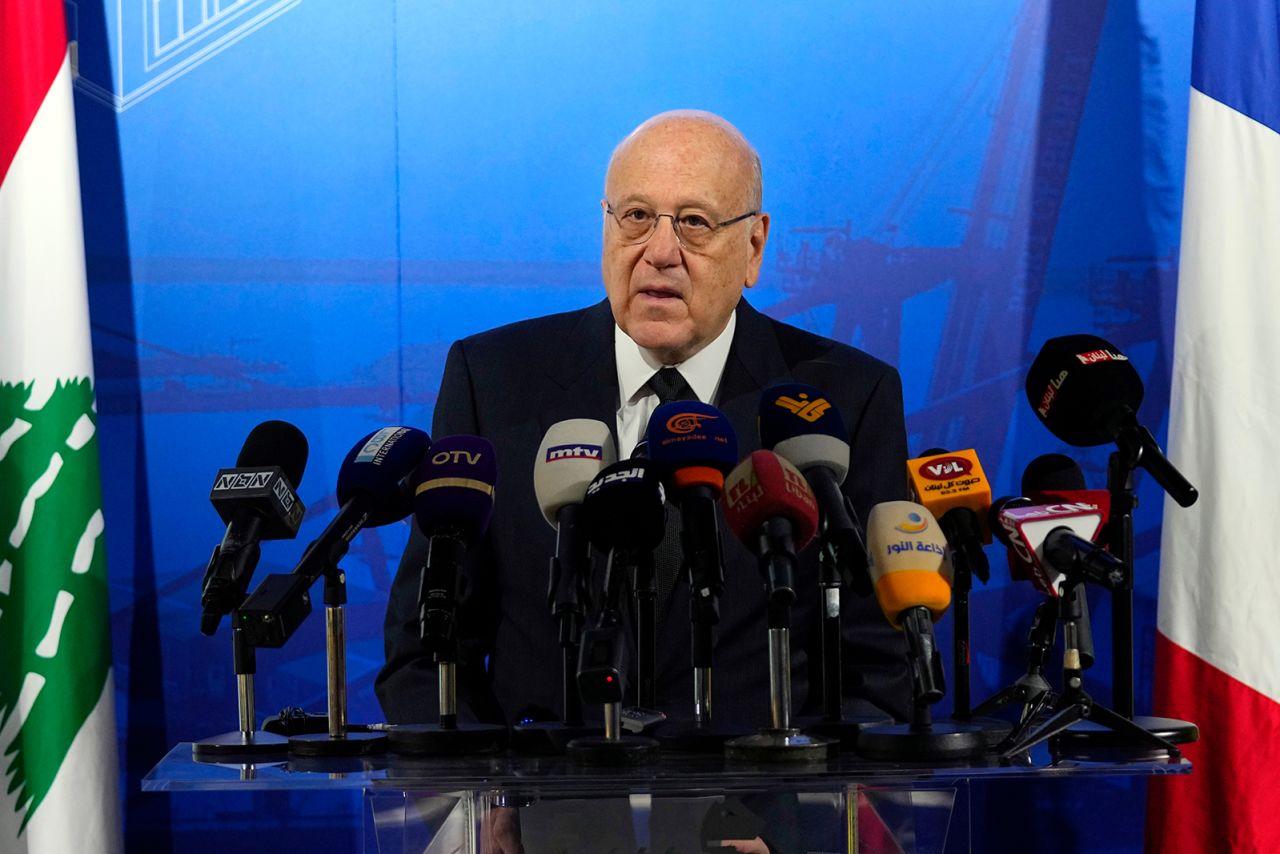 Najib Mikati speaks during a conference in Beirut, Lebanon, on March 13.