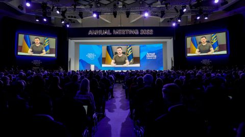Ukrainian President Volodymyr Zelensky addresses the audience at the World Economic Forum in Davos, Switzerland on Monday, May 23. 