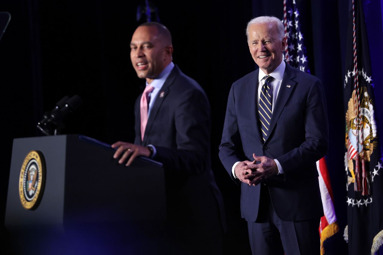 Rep. Hakeem Jeffries speaks as President Joe Biden  listens during the 2022 House Democratic Caucus Issues Conference March 11, 2022 in Philadelphia.?