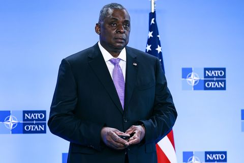 United State Secretary of Defense Lloyd Austin arrives at NATO headquarters in Brussels, Wednesday, April 14.