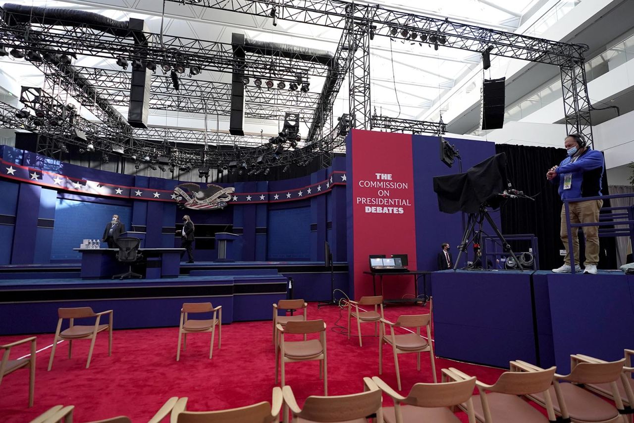 A camera operator checks his watch ahead of the first presidential debate between Republican candidate President Donald Trump and Democratic candidate former Vice President Joe Biden at the Health Education Campus of Case Western Reserve University on Tuesday. 