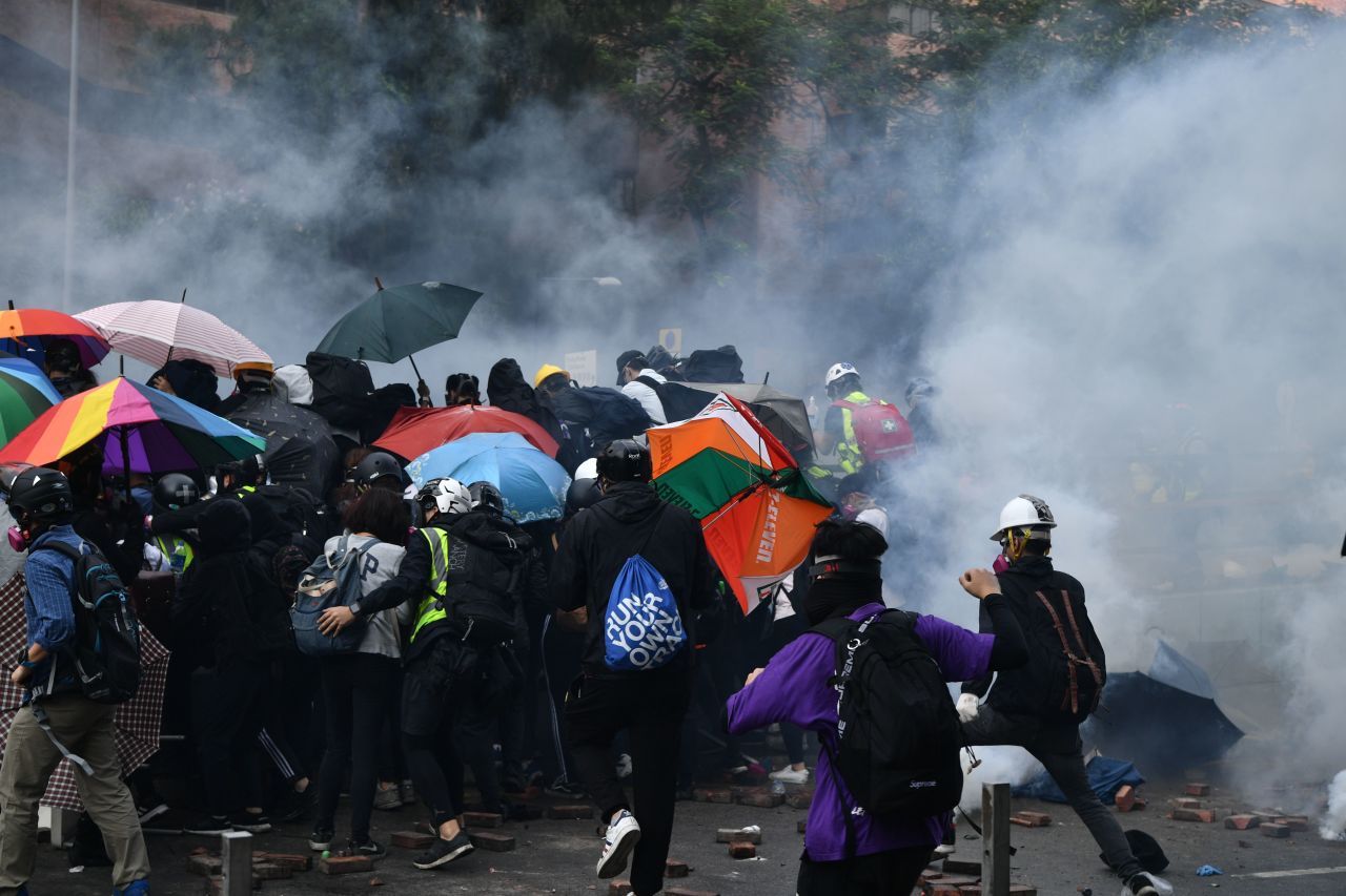 Police fire tear gas at protesters near the Hong Kong Polytechnic University on November 18, 2019. 