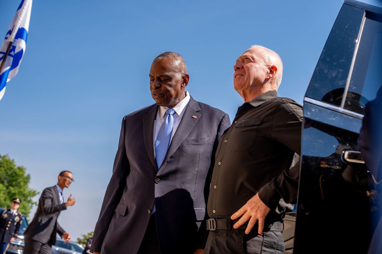 US Secretary of Defense Lloyd Austin greets Israeli Defense Minister Yoav Gallant as he arrives at the Pentagon in Arlington, Virginia, on June 25. 