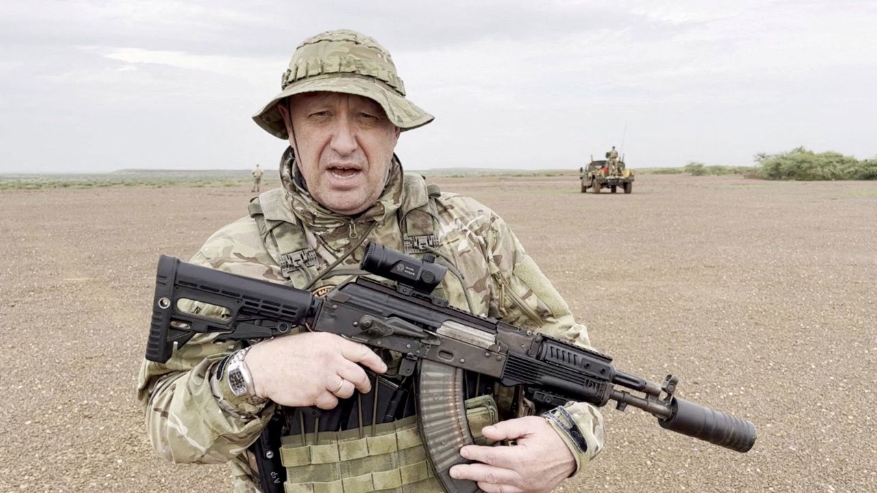 Yevgeny Prigozhin gives an address in a desert area at an unknown location, in this still image taken from video possibly shot in Africa and published August 21. 