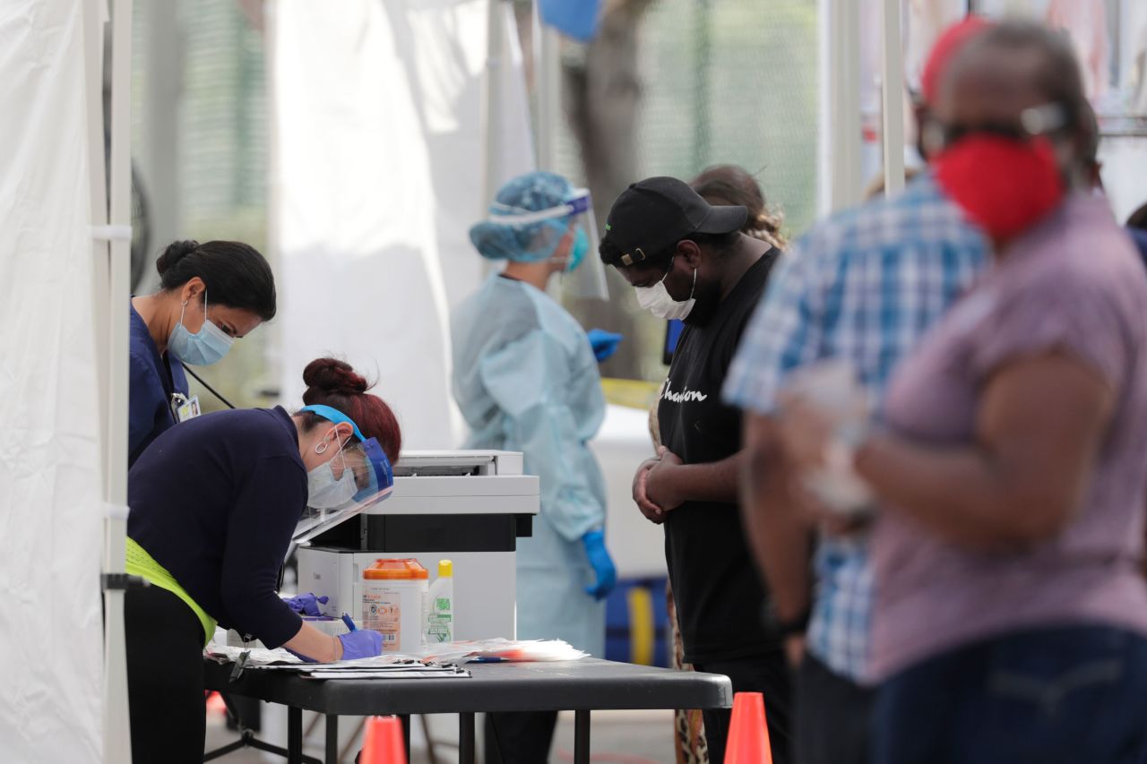 Coronavirus tests are administered at the West Perrine Health Center on May 28 in Miami. 