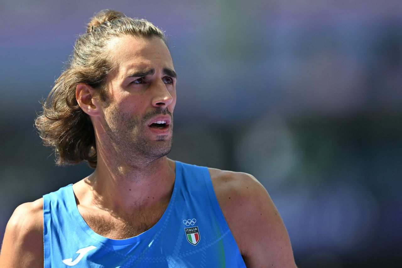 Italy's Gianmarco Tamberi competes in the men's high jump qualification on August 7. 