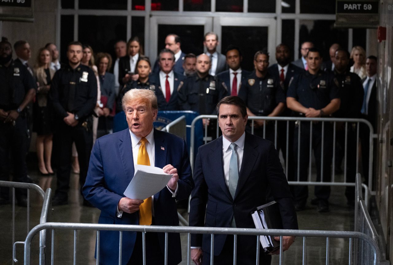 Donald Trump speaks to the media at the end of the day's proceedings for his trial at Manhattan Criminal Court in New York City, on May 14.