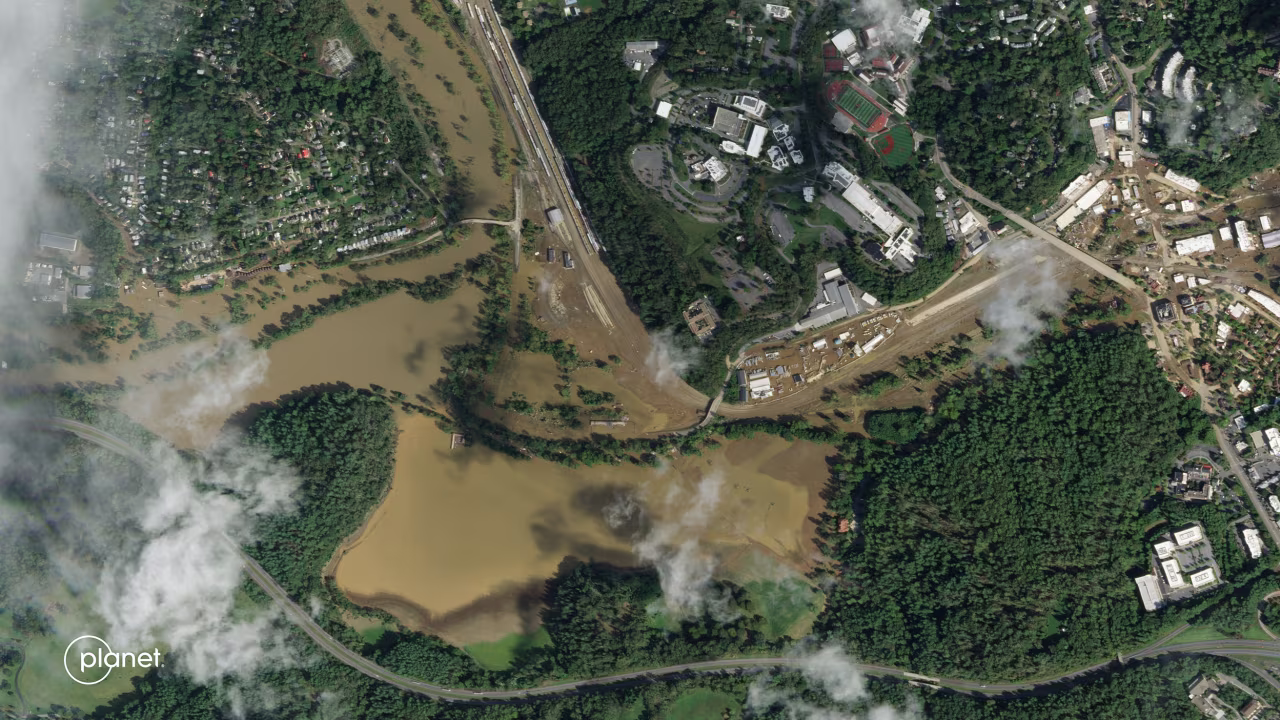 This SkySat image captured on September 29, 2024, shows part of Asheville, North Carolina--including Biltmore Village--during the flooding from Hurricane Helene.