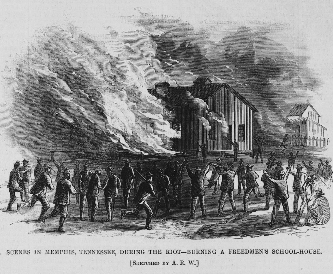 An illustration shows the burning of a Freedmen's schoolhouse in Memphis, Tennessee.